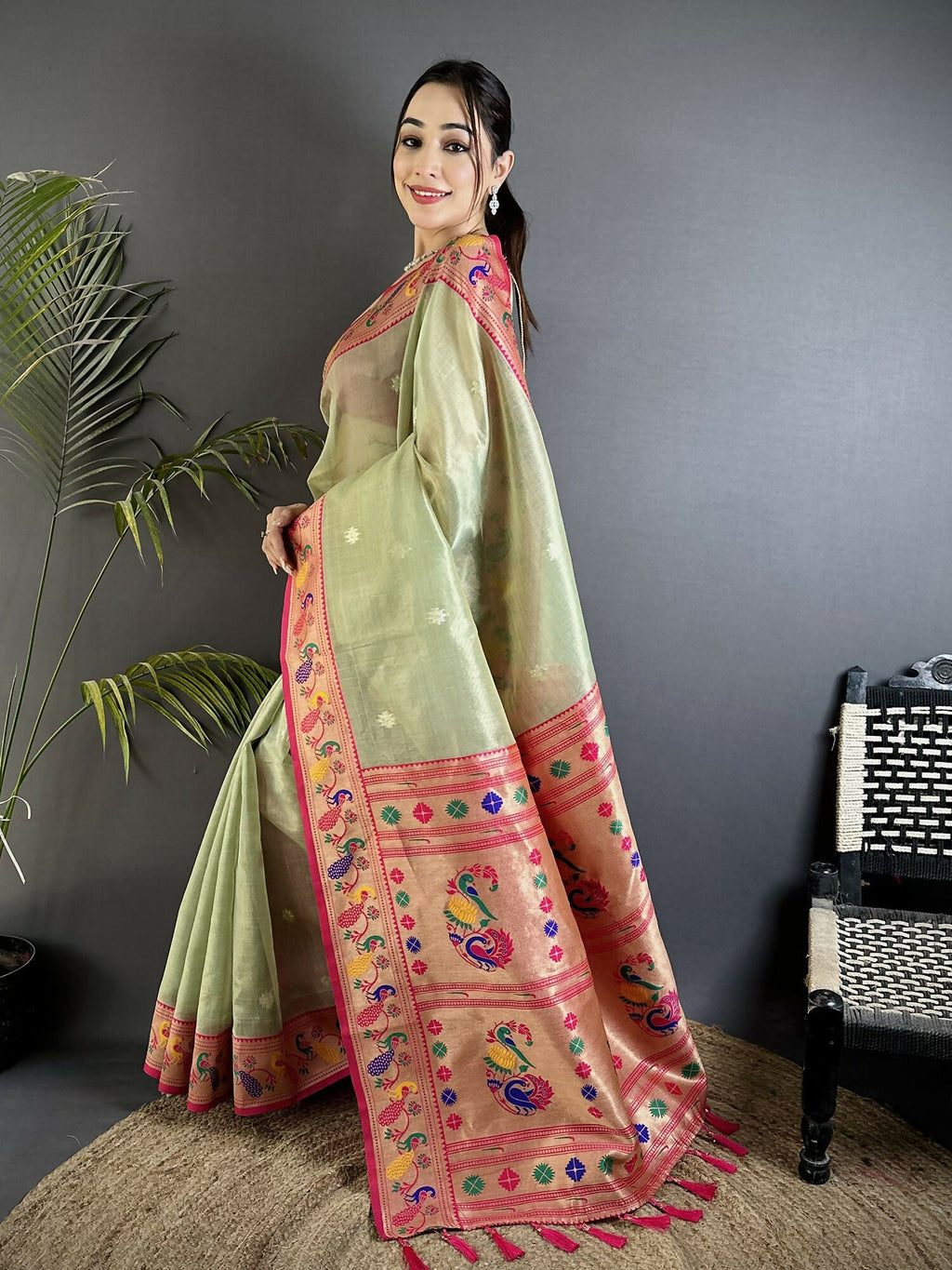 Joban Fashion Pista Green Zari Weaving Tissue Paithani Saree