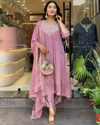 The52 Women's Beautiful Chinon Fabric Embroidery Work Flared Kurta Pant and Dupatta Set - Distacart