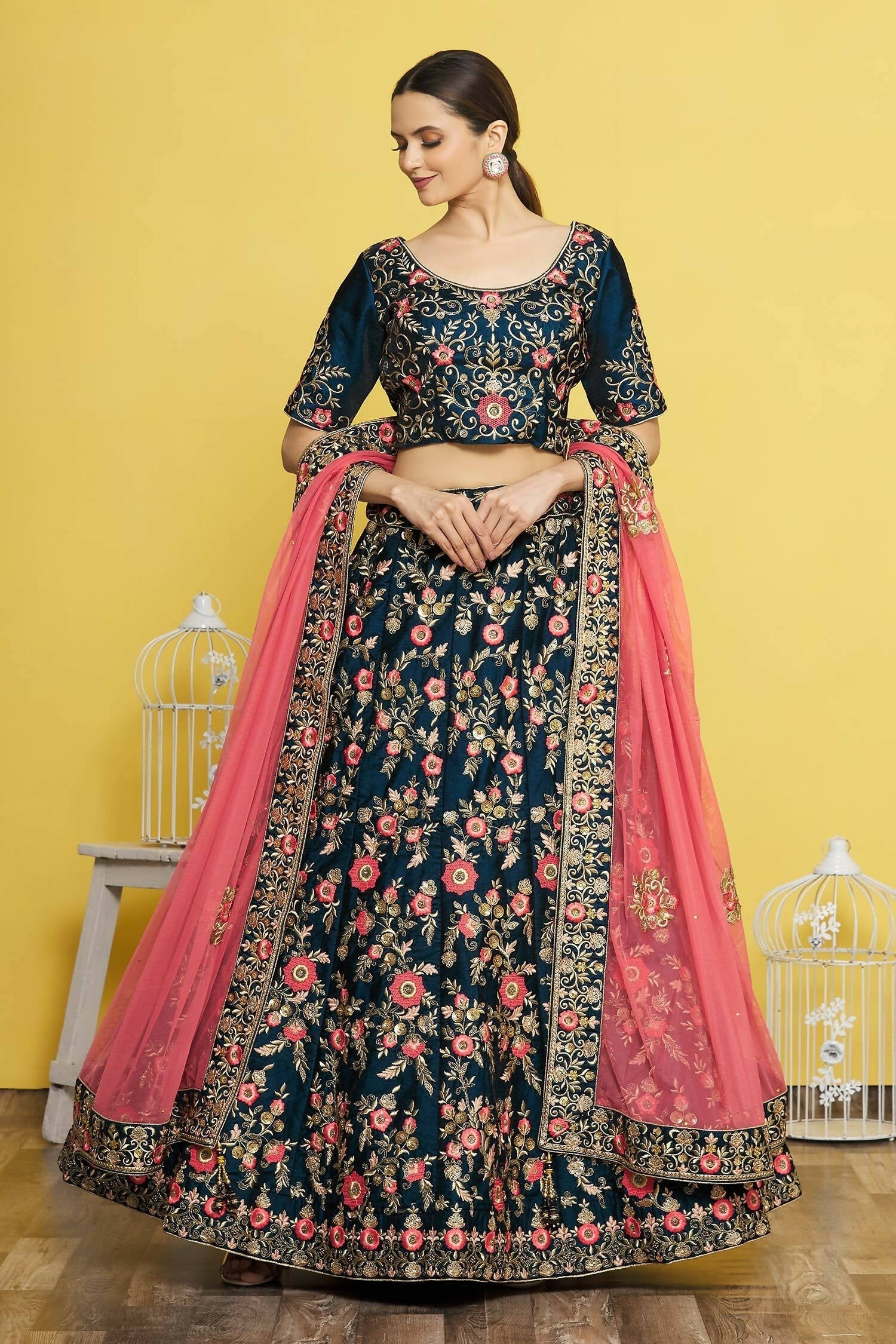 Blue Silk Semi-Stitched Wedding Bridal Lehenga - Nimaya