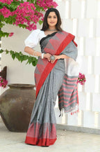 Beatitude Grey Temple Border Cotton Saree