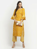 Rudra Bazaar Mustard Printed Bell Sleeve Straight Kurta with Striped Pyjamas - Distacart