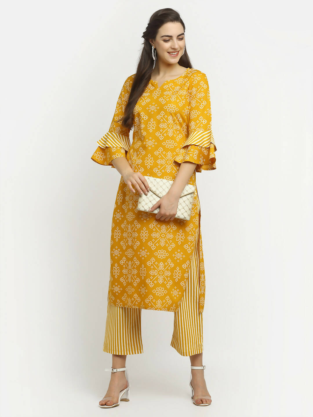 Rudra Bazaar Mustard Printed Bell Sleeve Straight Kurta with Striped Pyjamas - Distacart