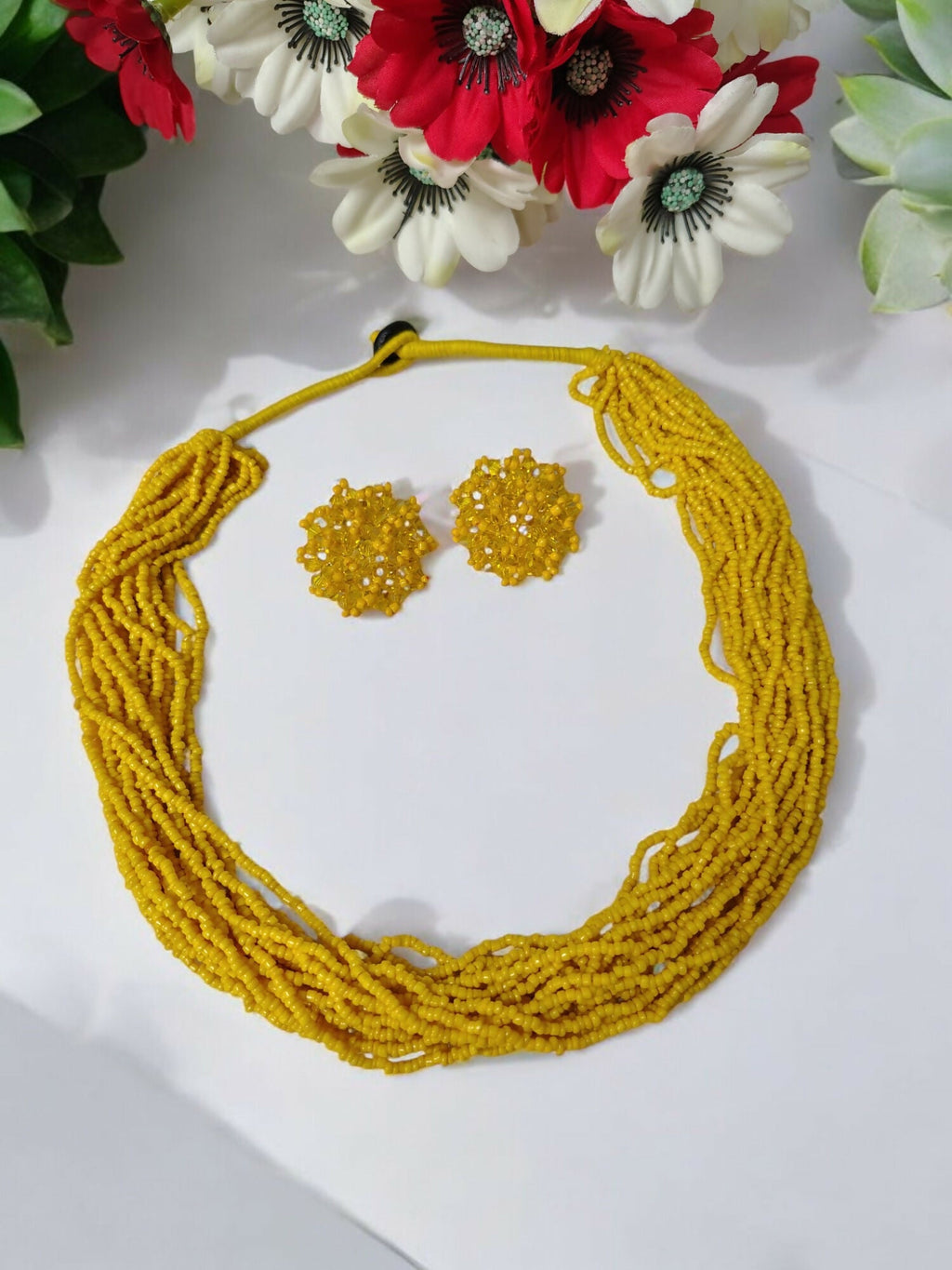 Inhanns Vibrant Handmade 20 Layers Beaded Necklace With Matching Earrings - Yellow