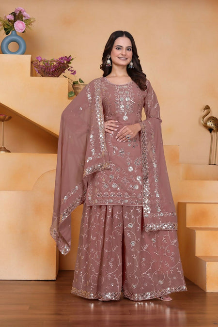 Teeya Creation Onion Color Faux Georgette Embroidery Work Wedding Wear Palazzo Set