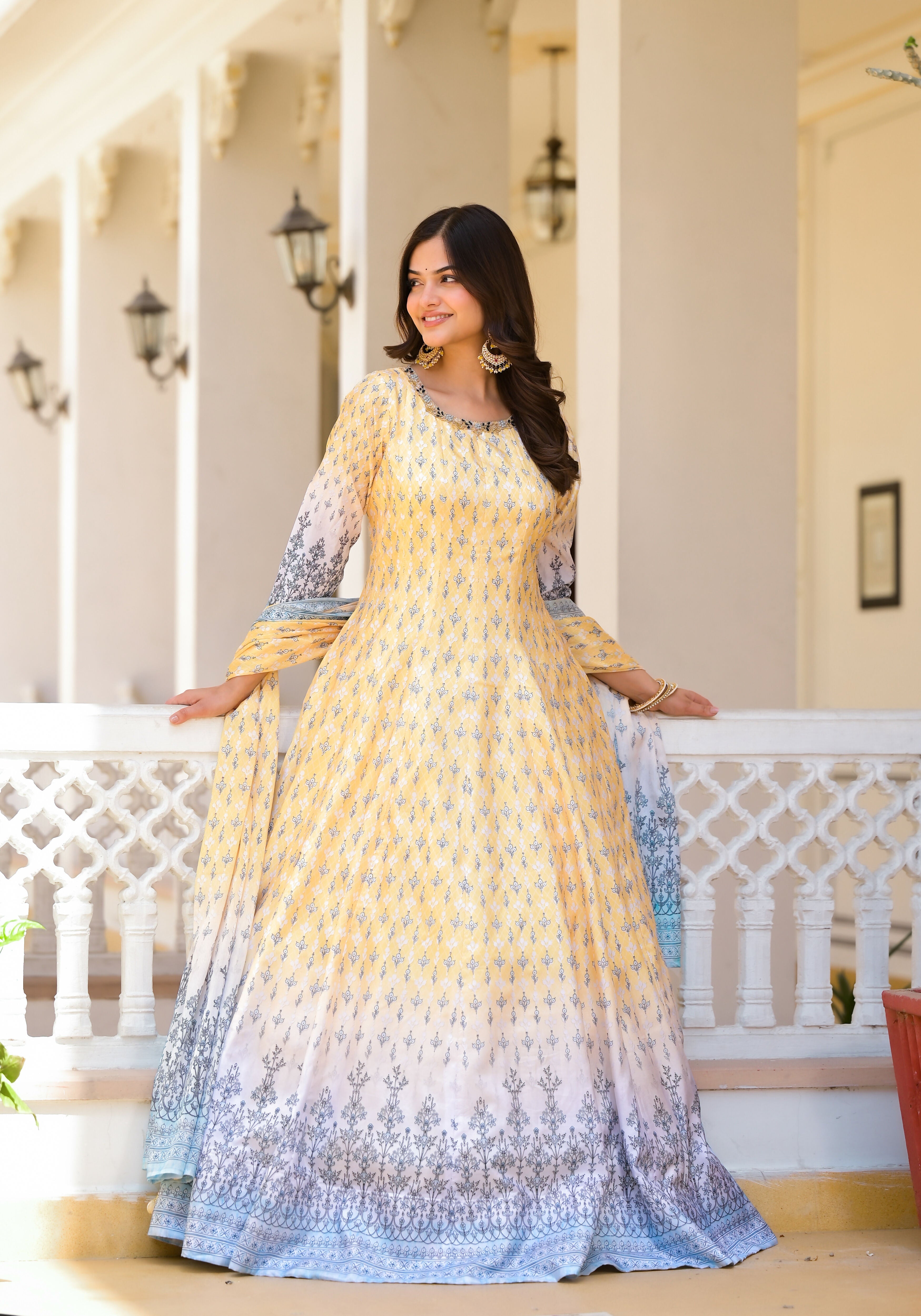 Partywear Designer Yellow Dola Silk Anarkali suit with Dupatta - Samyukta