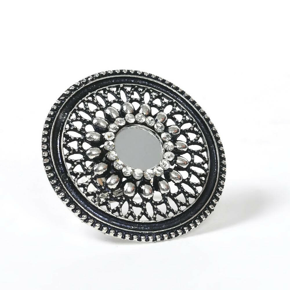 Mominos Fashion Joharkamal Oxidised Silver-Toned Adjustable Finger Ring - Distacart