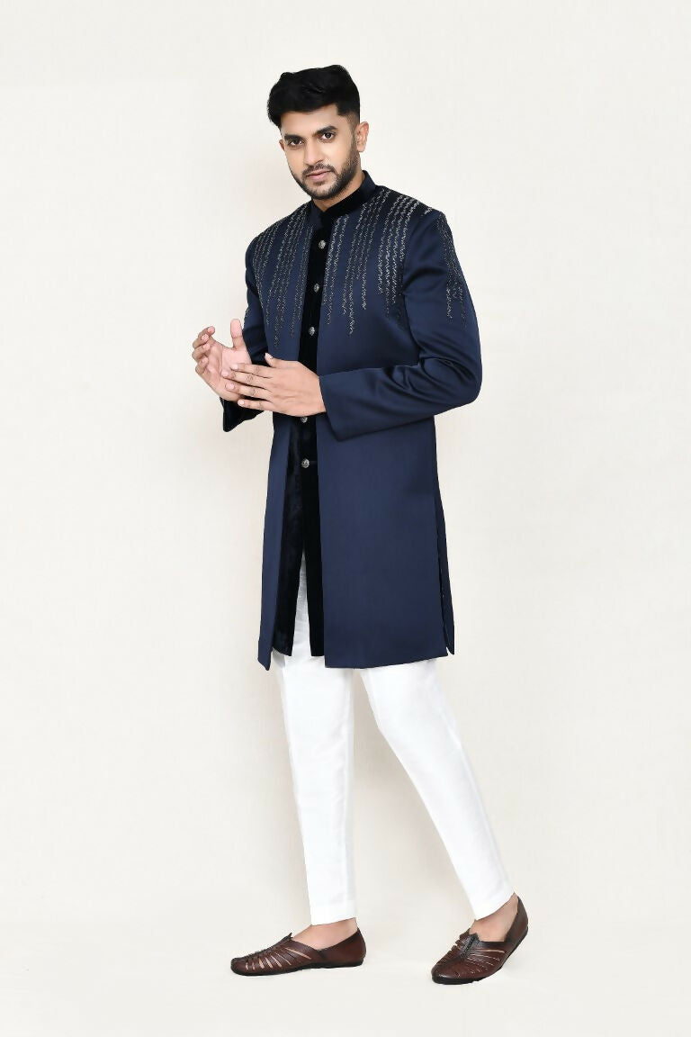 Joban Fashion Blue Colored Velvet Fabric Open Jacket, Indo Western With Straight Fit Pant