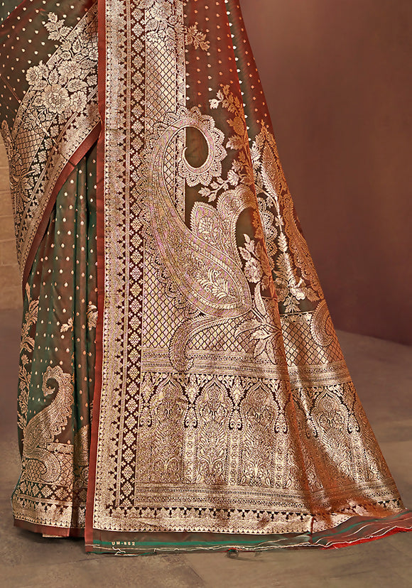 Sangam Prints Dark Brown Silk Woven Work Traditional Saree