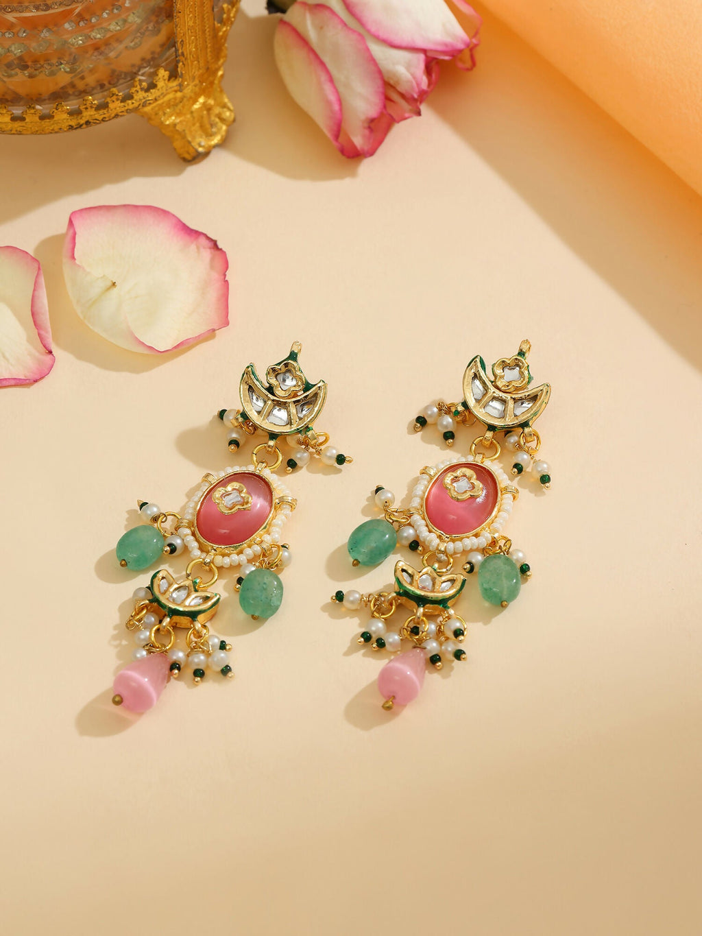 Ruby Raang 22k Gold Polished Blush Pink Kundan Earrings - Distacart