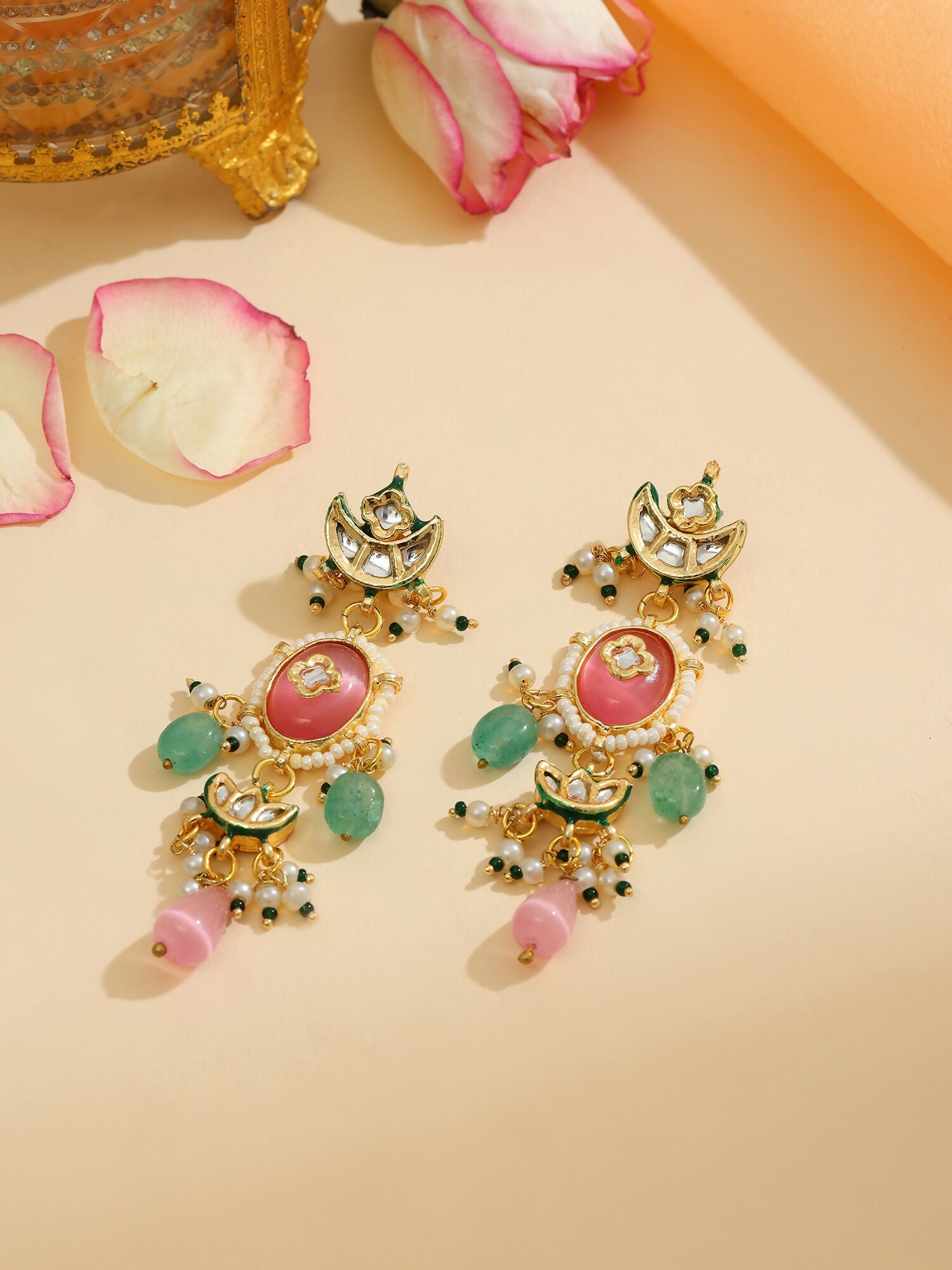 Ruby Raang 22k Gold Polished Blush Pink Kundan Earrings - Distacart