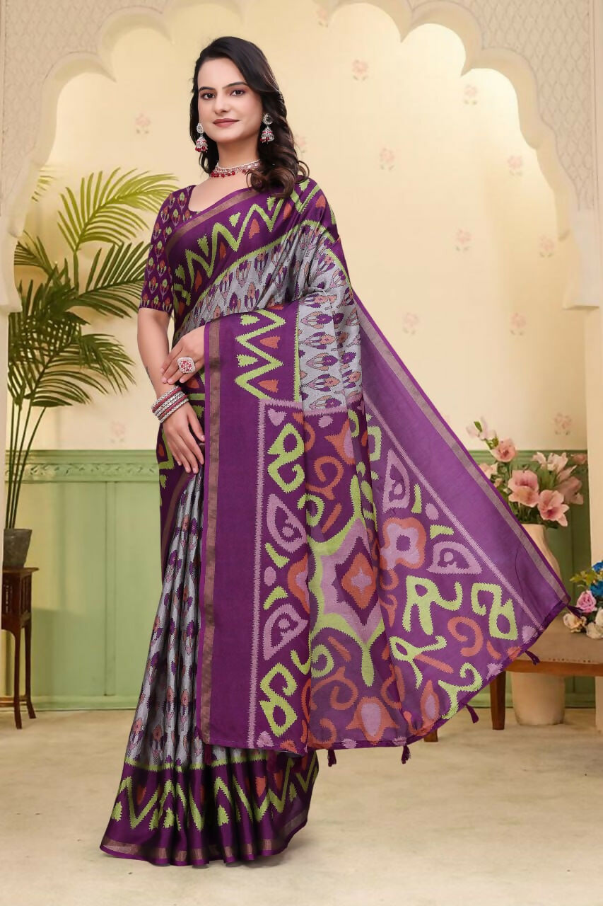 Prime Volt Mal Cotton Purple Ethnic Printed Saree with Designer Blouse Piece - Distacart