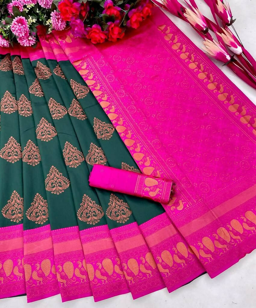 DEIANA'S Beautiful Designer Golden zari Soft Lichi Silk Saree - Green