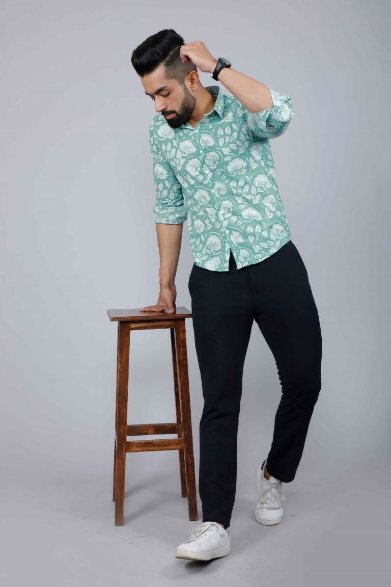 Miravan Men's Cotton Green Floral Printed Slim Fit Shirt