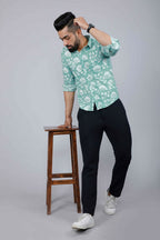 Miravan Men's Cotton Green Floral Printed Slim Fit Shirt