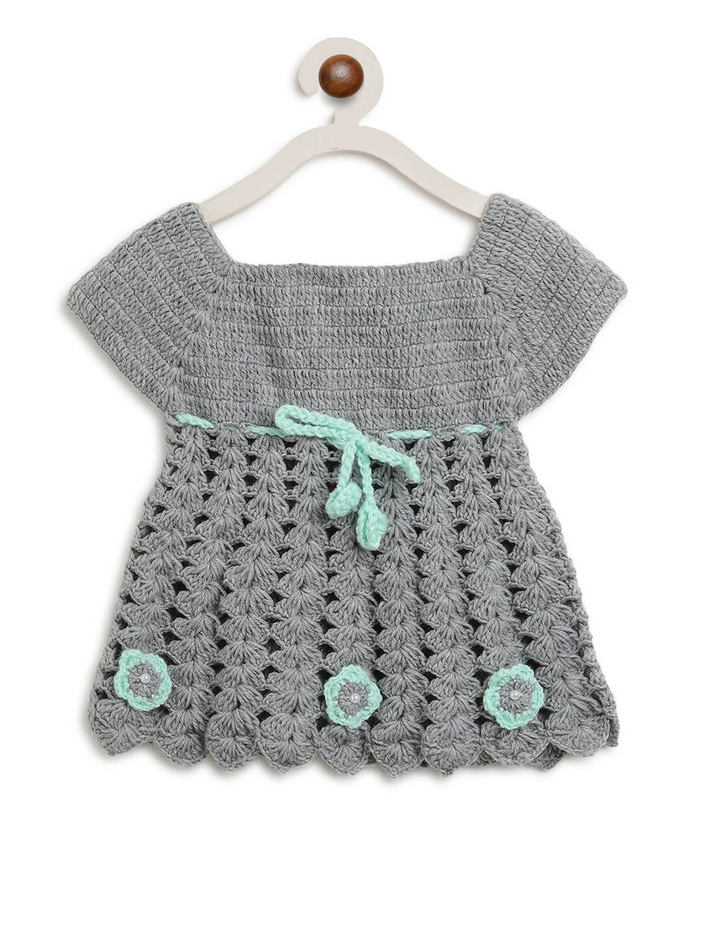 ChutPut Hand knitted Crochet Maharani Wool Dress For Baby Girls - Green