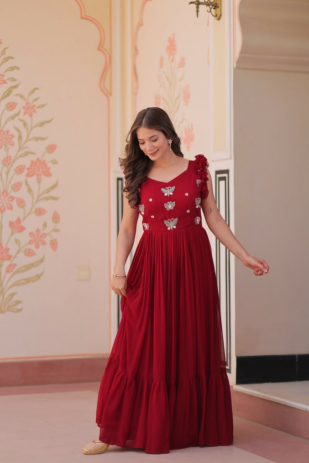 Joban Fashion Maroon Georgette Sequence Embroidery Work Gown - Distacart