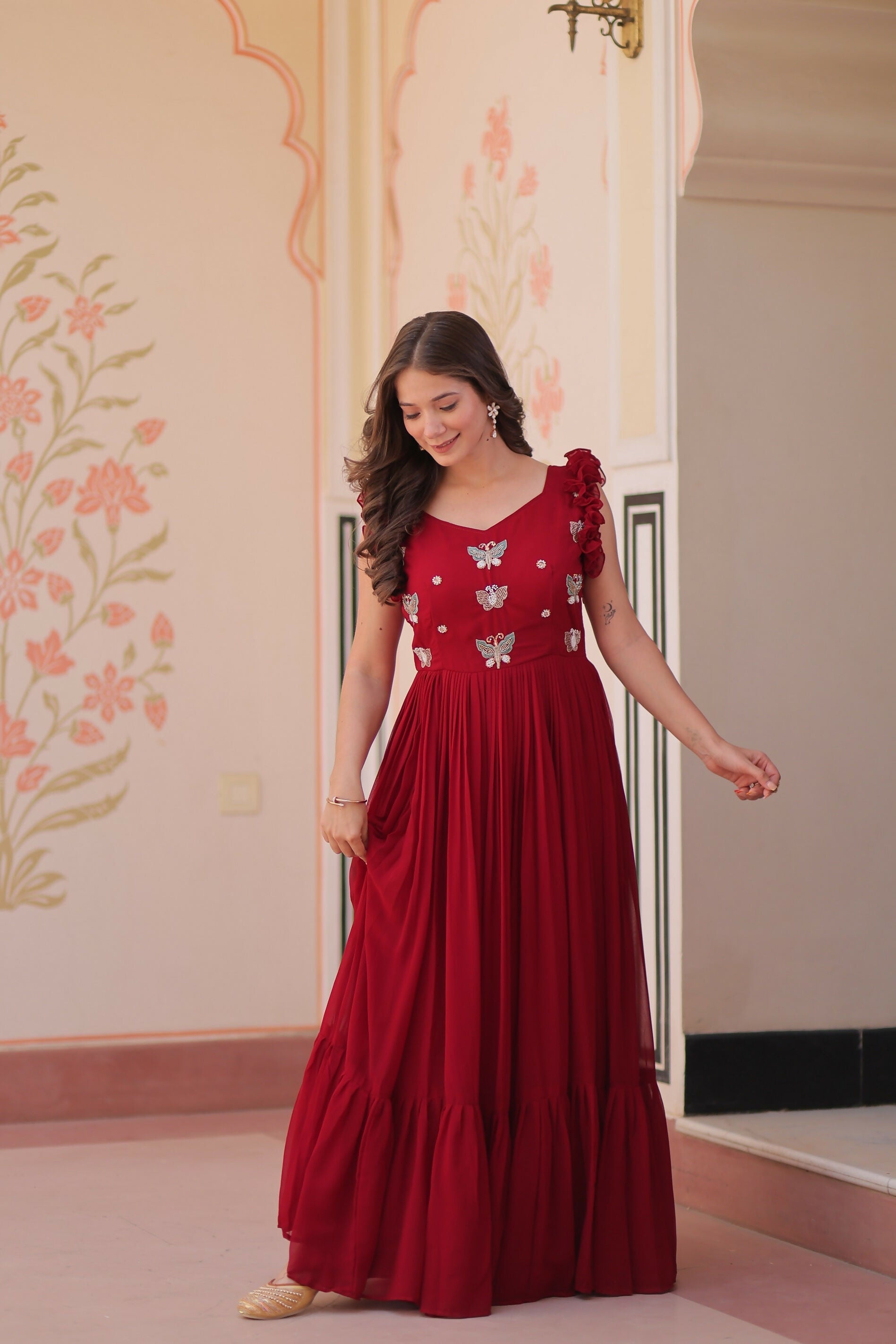 Joban Fashion Maroon Georgette Sequence Embroidery Work Gown - Distacart