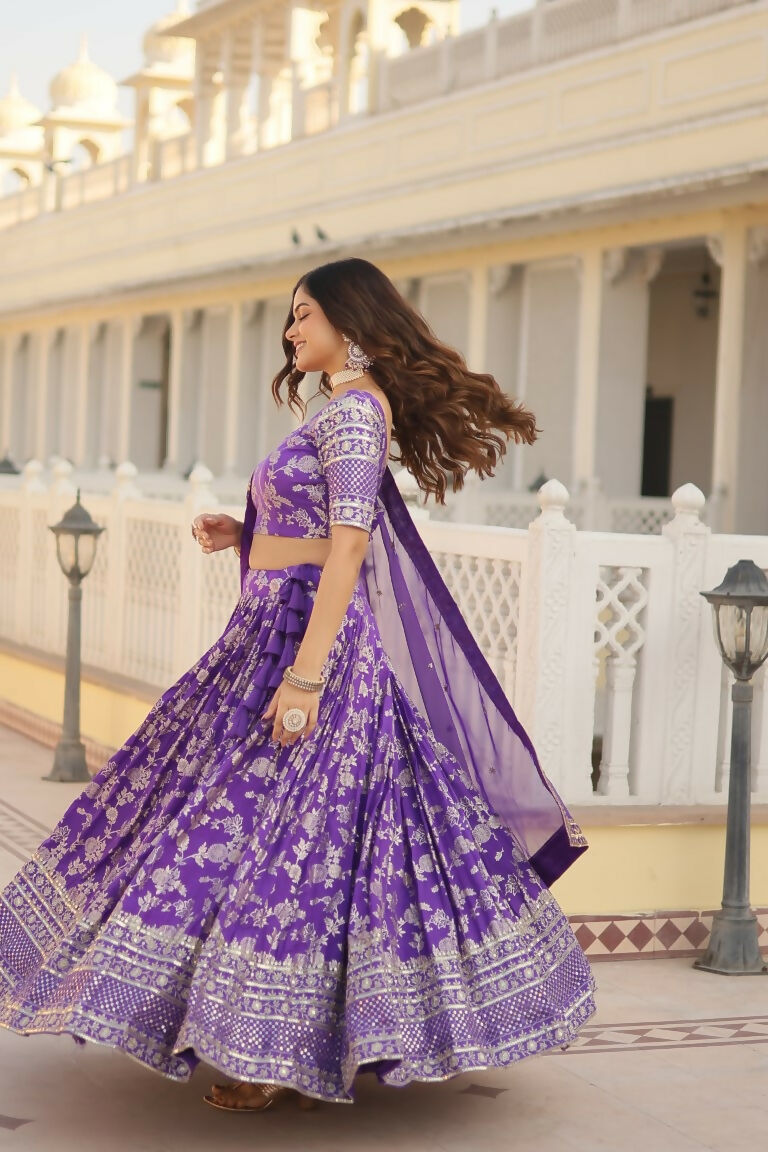 Vastranavya Designer Dyeable Pure Viscose Jacquard Fabric Lehenga Choli & Dupatta Set - Purple