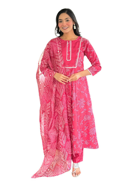 The52 Women's Beautiful Rayon Fabric Printed Work Flared Kurta Pant and Dupatta Set