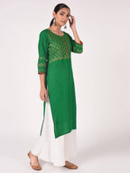 Cheera Hand Block Print Bottle Green Straight Kurta (MAAI-067K)