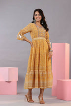 Juniper Women Yellow Georgette Geometric Printed Tiered Maxi Dress - Distacart