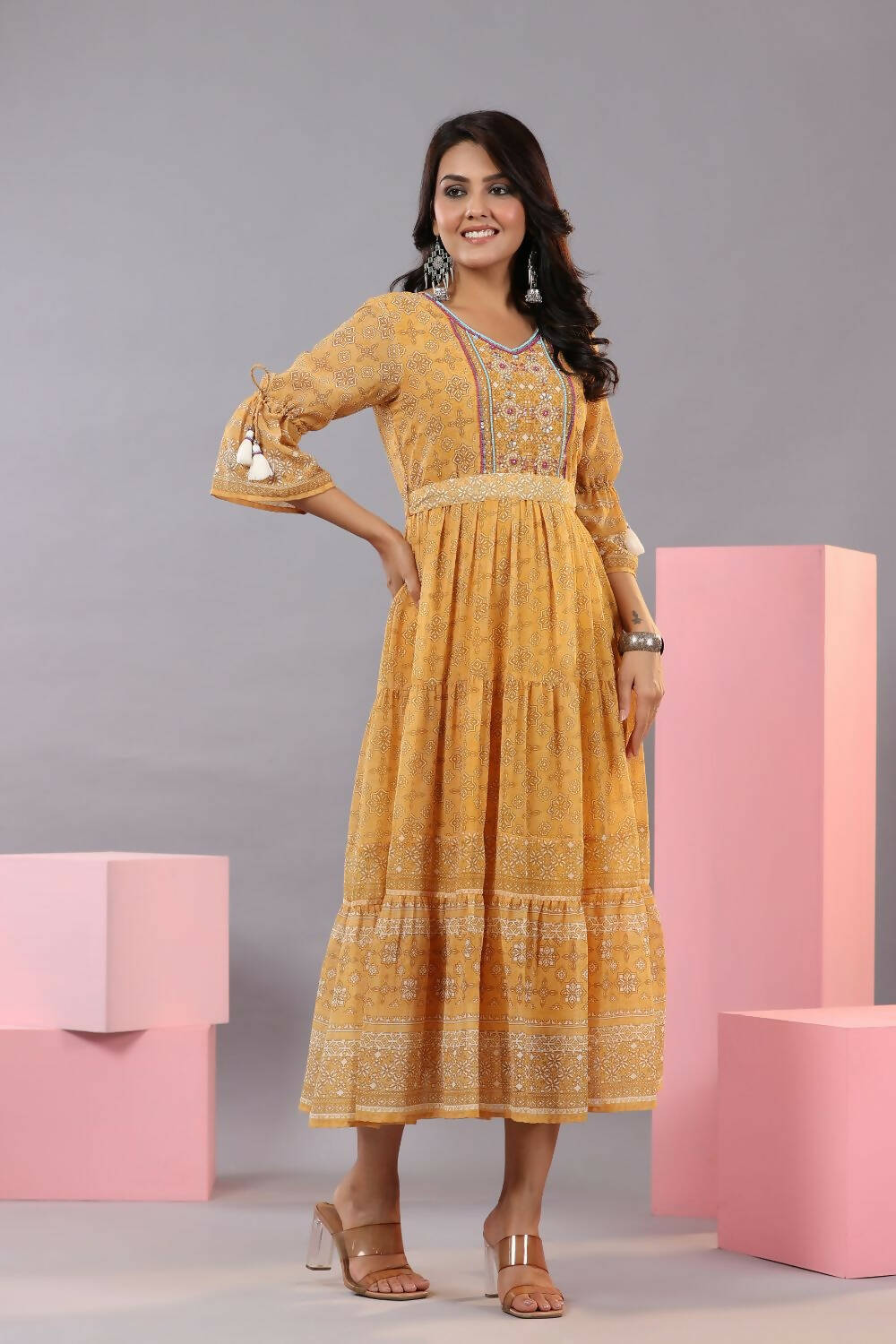 Juniper Women Yellow Georgette Geometric Printed Tiered Maxi Dress - Distacart