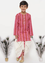 Little Bansi Boys Cotton Striped Kurta with Pearl Buttons & Dhoti -Pink & Cream