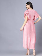 Myshka Chiffon Solid Short Sleeve Round Pink Women Dress - Distacart