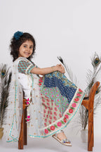 Little Bansi Girls Cotton Embroidery Kurta With Lehenga & Tussel - White & Multicolor