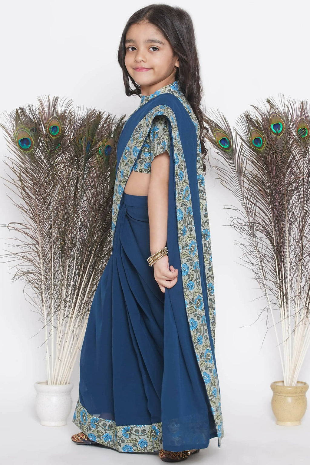 Little Bansi Floral Print Ready To Wear Saree And Floral Blouse - Blue