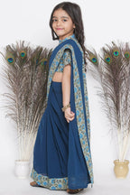 Little Bansi Floral Print Ready To Wear Saree And Floral Blouse - Blue