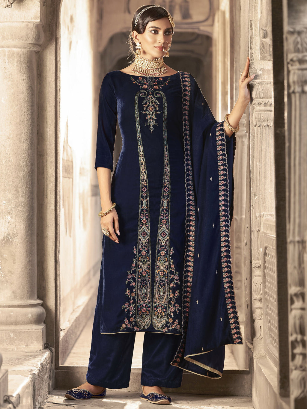 Jyoti Fashion Women's Navy Blue Velvet Floral Resham Thread with Jari work Kurta with Trouser & Dupatta