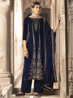 Jyoti Fashion Women's Navy Blue Velvet Floral Resham Thread with Jari work Kurta with Trouser & Dupatta