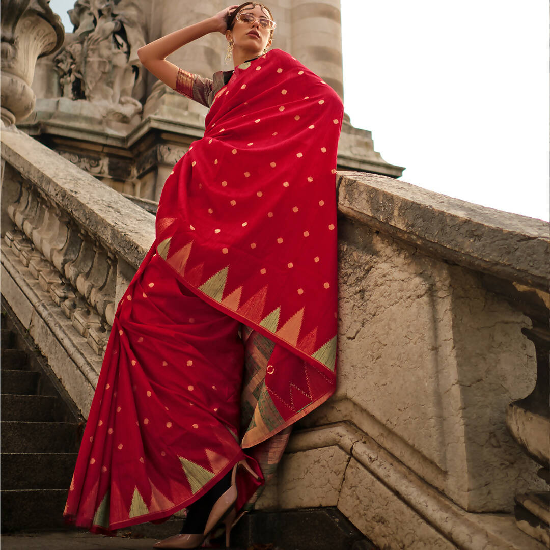 Chilli Red Handloom Khaddi Silk Saree With Contrast Pallu & Blouse - Rajtex Khwaab Silk