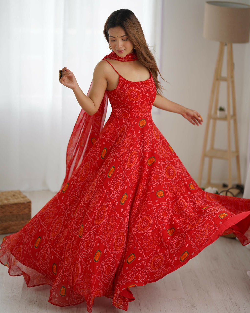 The52 Women's Beautiful Printed Chiffon Bandhej Fabric Flared Anarkali Pant and Dupatta Set - Distacart