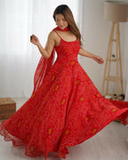 The52 Women's Beautiful Printed Chiffon Bandhej Fabric Flared Anarkali Pant and Dupatta Set - Distacart