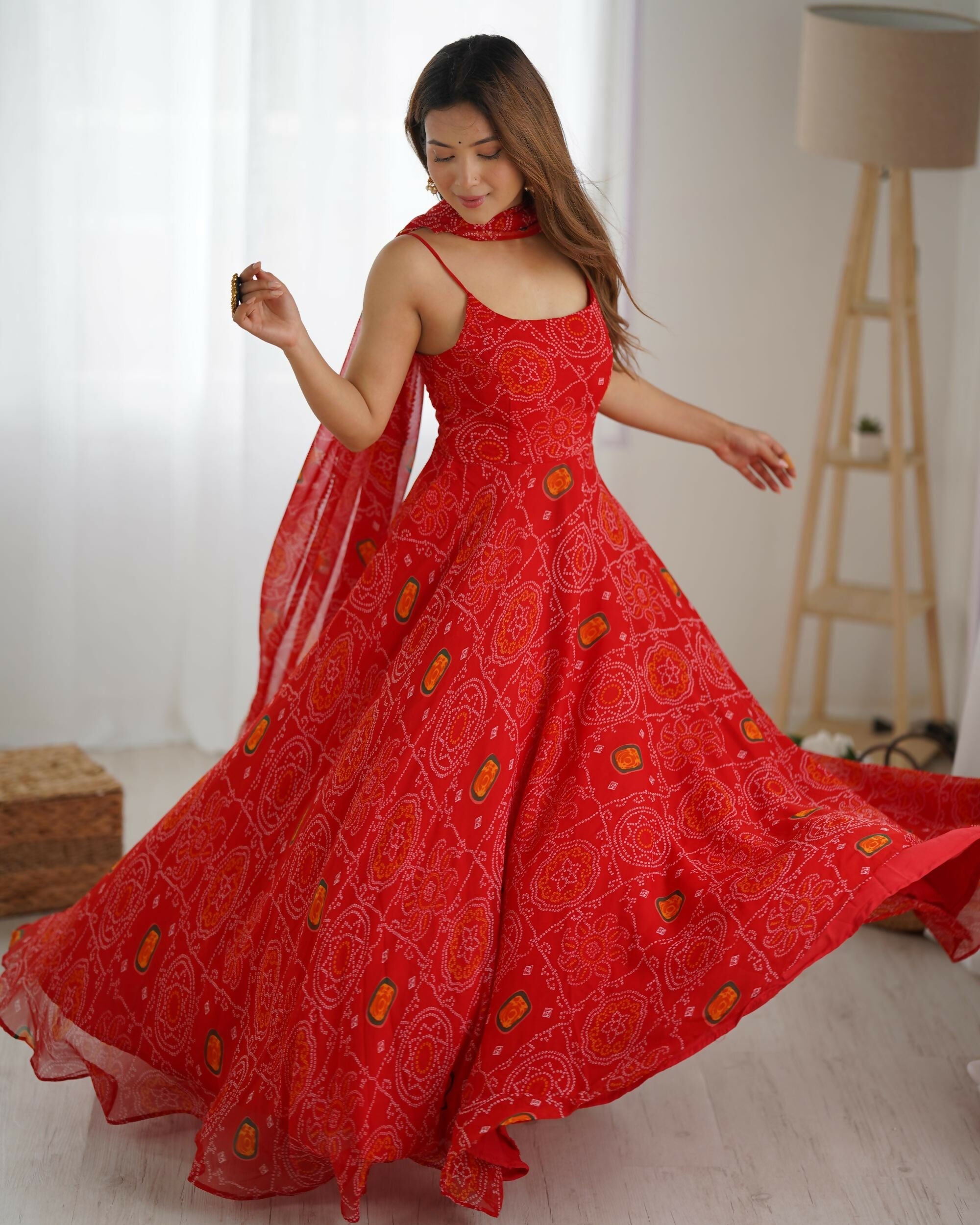 The52 Women's Beautiful Printed Chiffon Bandhej Fabric Flared Anarkali Pant and Dupatta Set - Distacart