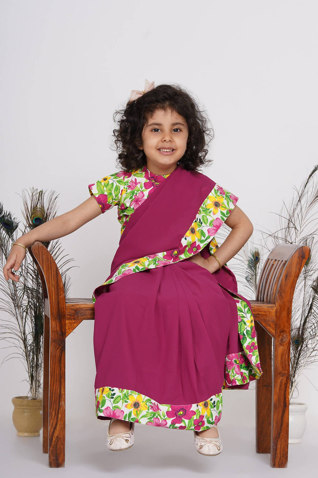 Little Bansi Girls Floral Print Ready to Wear Saree and Floral Blouse - Magenta