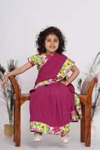 Little Bansi Girls Floral Print Ready to Wear Saree and Floral Blouse - Magenta