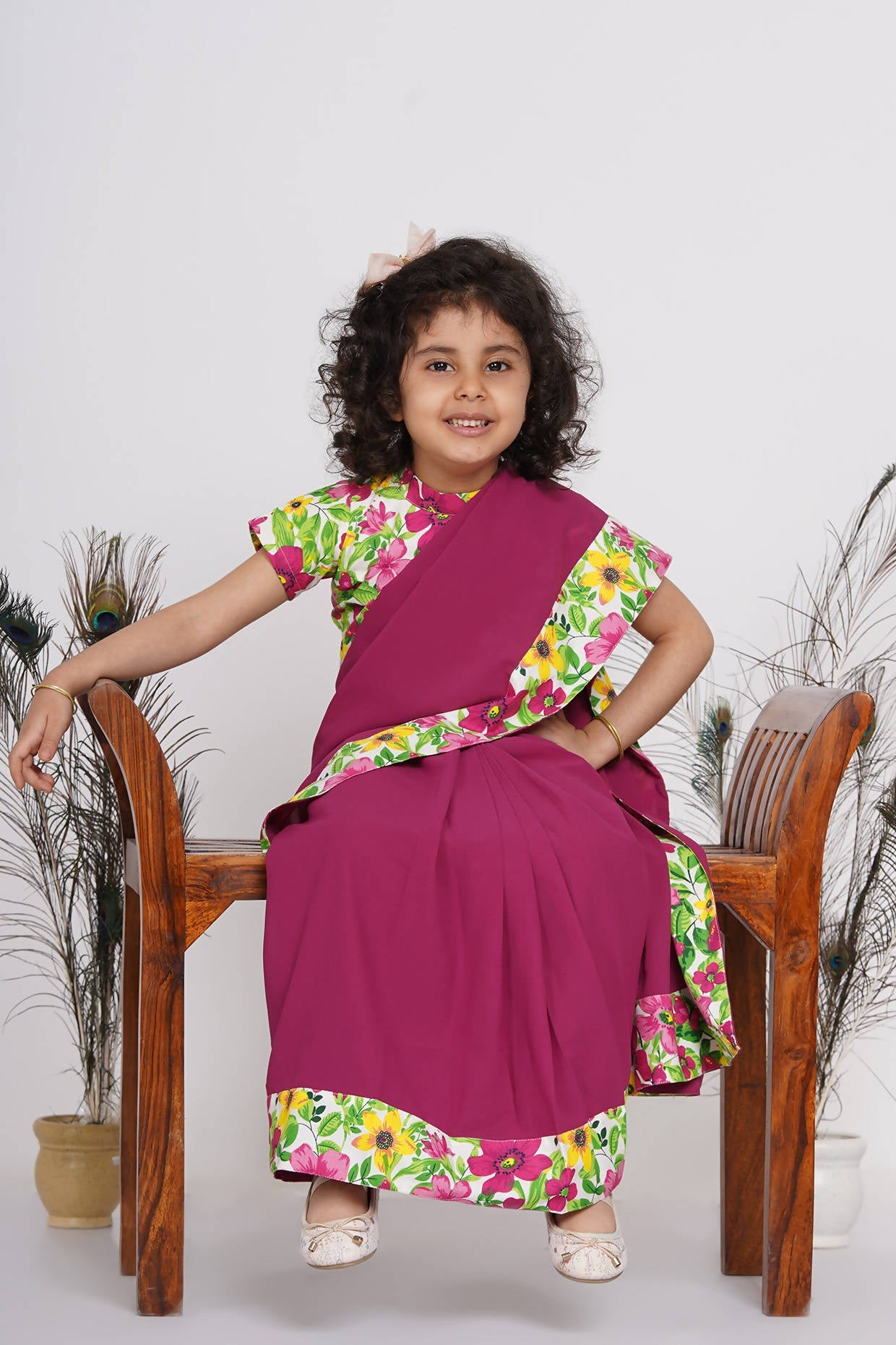 Little Bansi Girls Floral Print Ready to Wear Saree and Floral Blouse - Magenta