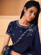 Blue Satin Crepe Silk Sequence Embroidered Saree With Unstitched Blouse - Mohmanthan Yavanika