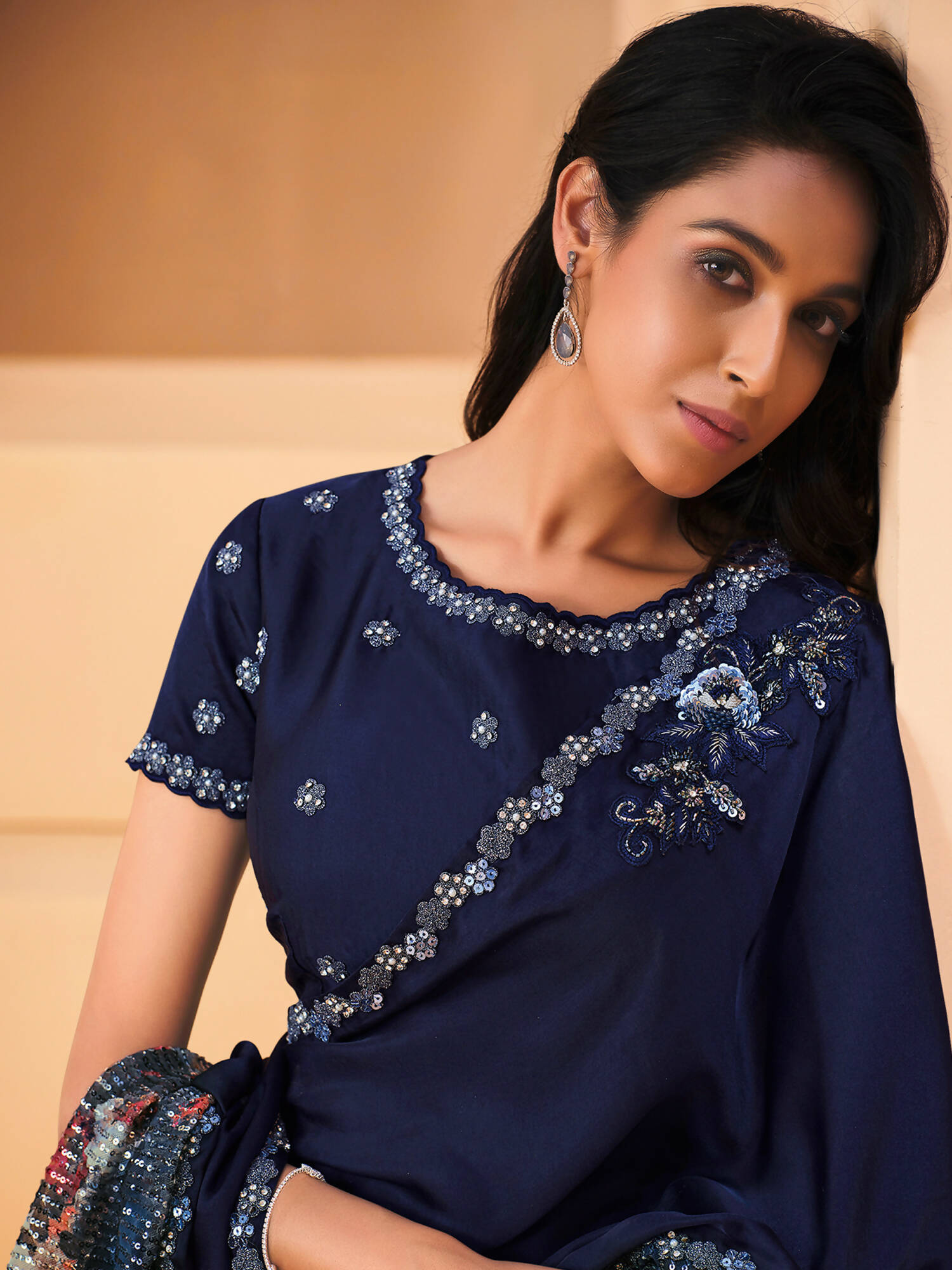Blue Satin Crepe Silk Sequence Embroidered Saree With Unstitched Blouse - Mohmanthan Yavanika