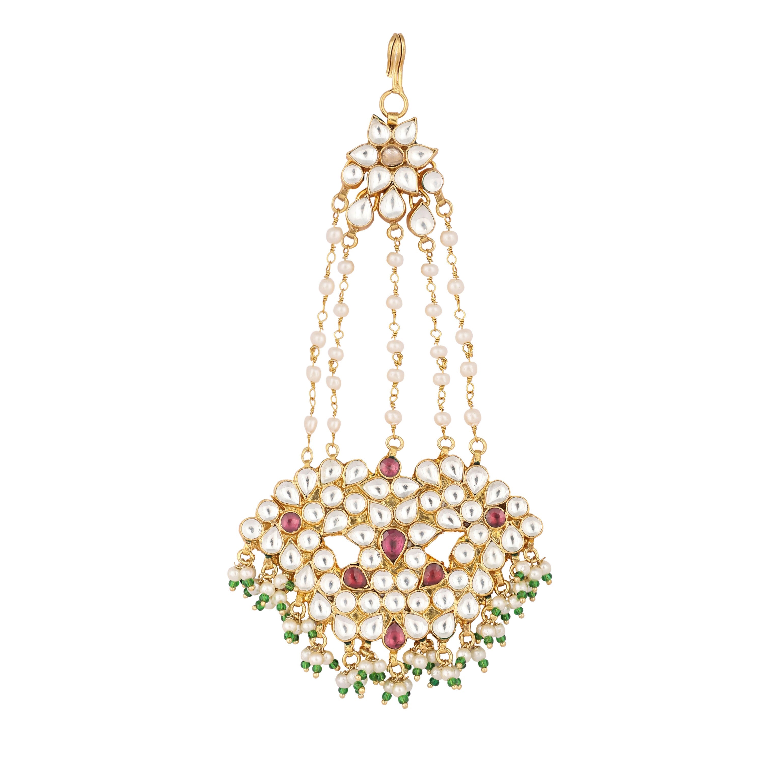 Nuyug 22K Gold-Plated Kundan & Red Stone Studded Jhumar Paasa Head Jewellery - Distacart