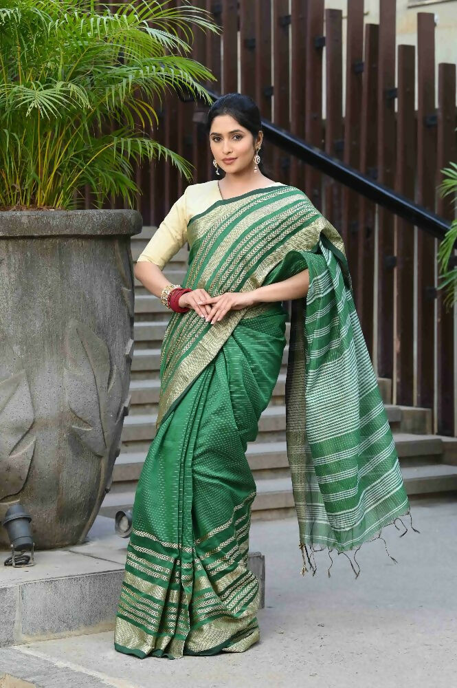 Beatitude Green Cotton Stripes Border Handloom Saree