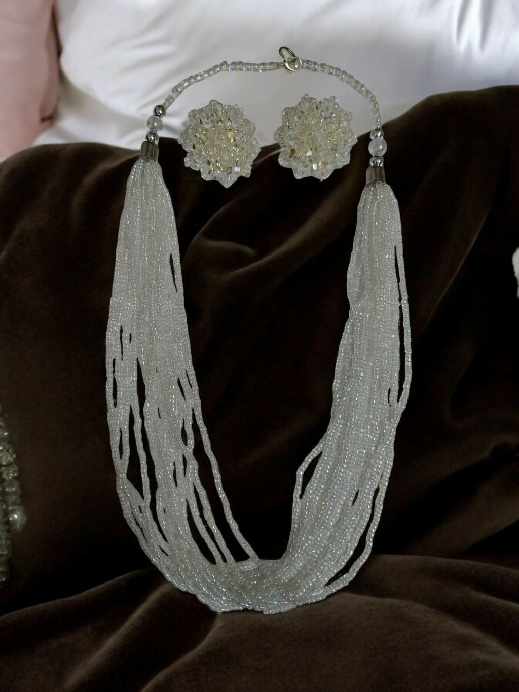 Inhanns Bloom Handmade Beaded Necklace With Earrings - 12 Layers - Ivory