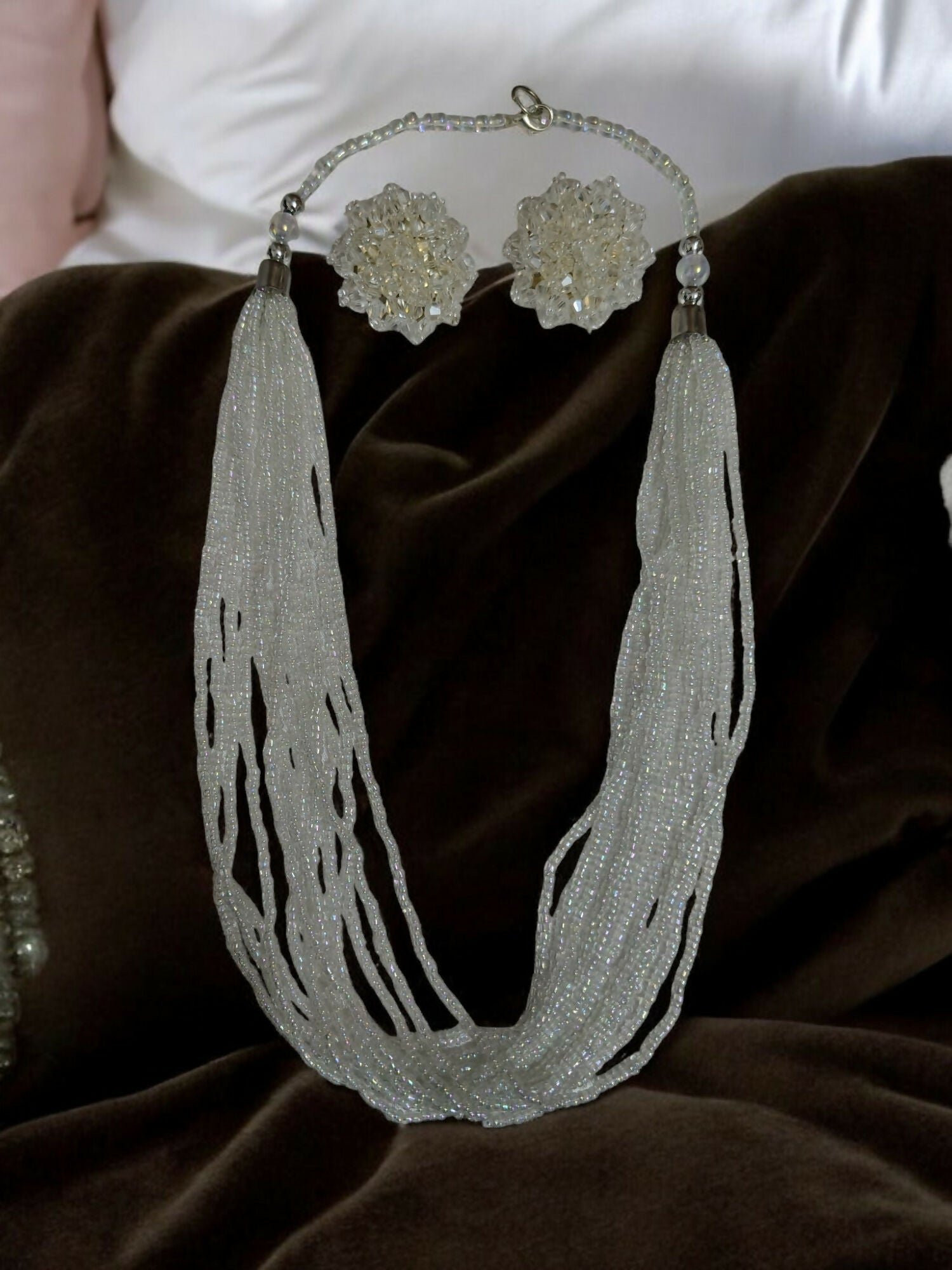 Inhanns Bloom Handmade Beaded Necklace With Earrings - 12 Layers - Ivory