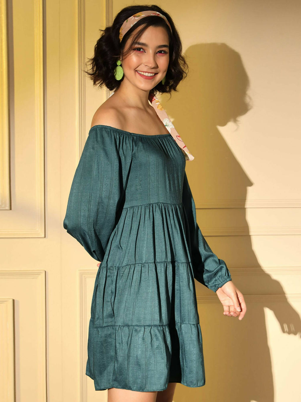 Teal Viscose Solid Design Flared Dress - Shivani - Distacart