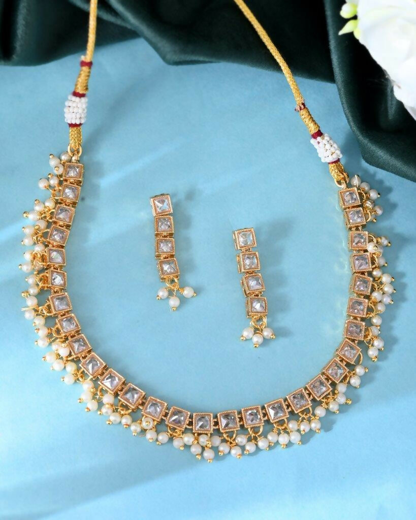 VOJ Gold Tone Stone Studded Choker With Earrings Set