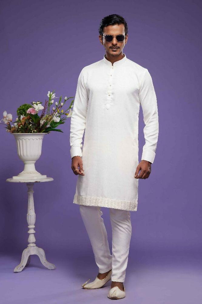 Raivat Ethnic Art Banarasi Silk Thread Work Kurta Pajama In Cream Colour