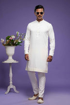 Raivat Ethnic Art Banarasi Silk Thread Work Kurta Pajama In Cream Colour